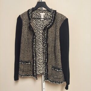Chico's Chevron Tweed Leopard Print Mixed Media Knit Sleeve Jacket